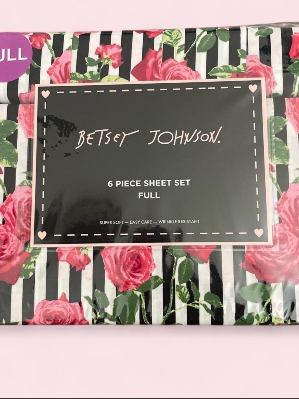 Betsey Johnson Black & White Stripe Sheet Set with Pink Rose Print